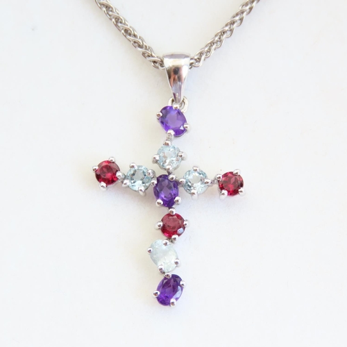 112 - Ruby Amethyst and Aquamarine Set 9 Carat Gold Crucifix Motif Pendant 4cm High Approximately Mounted ... 