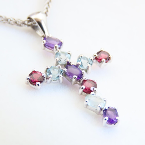 112 - Ruby Amethyst and Aquamarine Set 9 Carat Gold Crucifix Motif Pendant 4cm High Approximately Mounted ... 