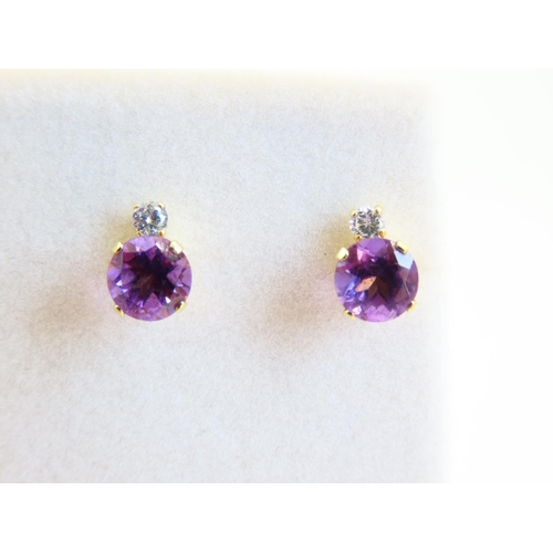 114 - Pair of Amethyst and Diamond Set 9 Carat Yellow Gold Earrings