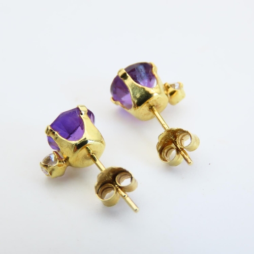 114 - Pair of Amethyst and Diamond Set 9 Carat Yellow Gold Earrings