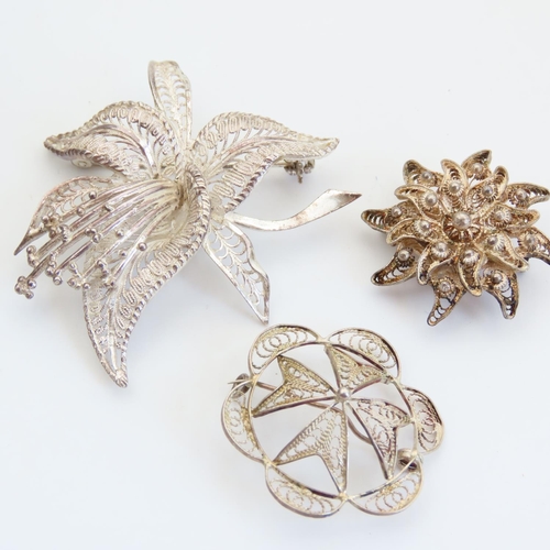 115 - Three Silver Filigree Decorated Brooches Largest Approximately 5cm High