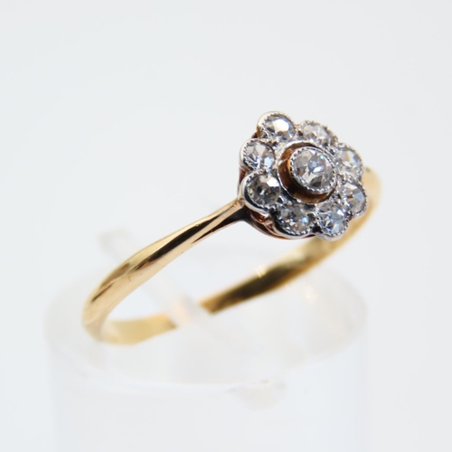 116 - Diamond Daisy Cluster Ring 9 Carat Yellow Gold Band Platinum Set Ring Size N