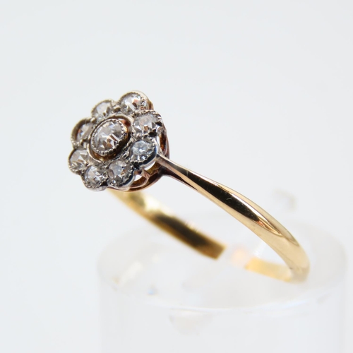 116 - Diamond Daisy Cluster Ring 9 Carat Yellow Gold Band Platinum Set Ring Size N