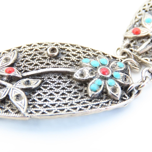 124 - Silver Ladies Panel Bracelet Floral Motifs 20cm Long