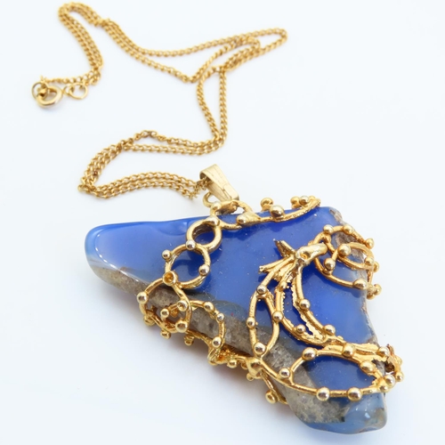Vintage Polished Lapis Lazuli Gold Filled Pendant Necklace Triangular Form Chain 46cm Long Pendant 5cm High