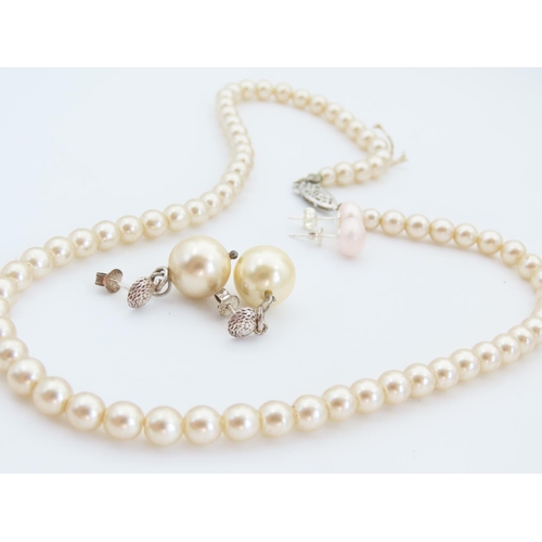 532 - Pearl Single Strand Necklace Silver Clasp with Two Silver Mounted Pearl Earrings