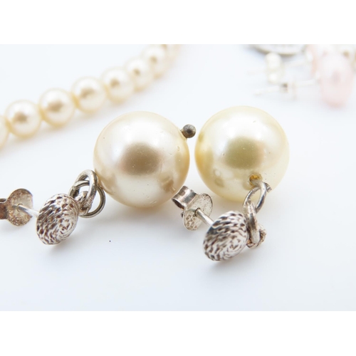 532 - Pearl Single Strand Necklace Silver Clasp with Two Silver Mounted Pearl Earrings