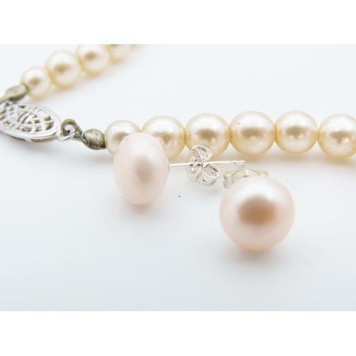 532 - Pearl Single Strand Necklace Silver Clasp with Two Silver Mounted Pearl Earrings