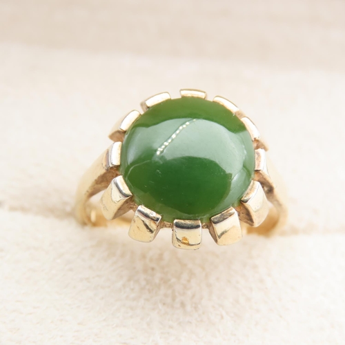 55 - Cabochon Polished Jade Centerstone Ring Mounted on Silver Gilt Band Ring Size Q