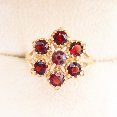 61 - Red Garnet Six Stone Cluster Ring Mounted on 9 Carat Yellow Gold Band Size Q