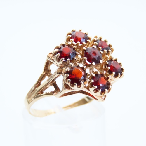 61 - Red Garnet Six Stone Cluster Ring Mounted on 9 Carat Yellow Gold Band Size Q