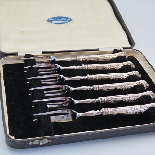 70 - Six Silver Mounted Dessert Forks Embossed Decorated Handles Contained within Original Presentation C... 