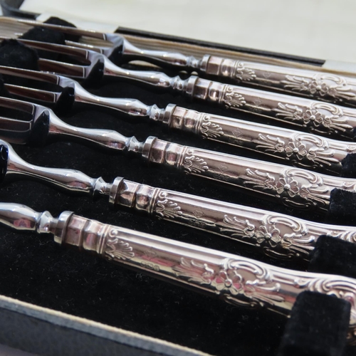 70 - Six Silver Mounted Dessert Forks Embossed Decorated Handles Contained within Original Presentation C... 