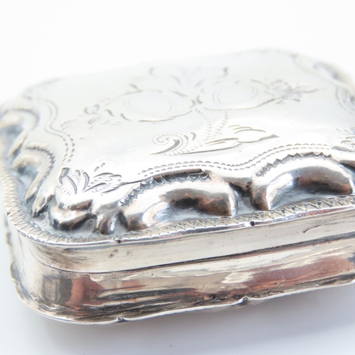 83 - Silver Pill Box Cushion Form 5cm x 5cm Engraved Detailing Hinge Cover