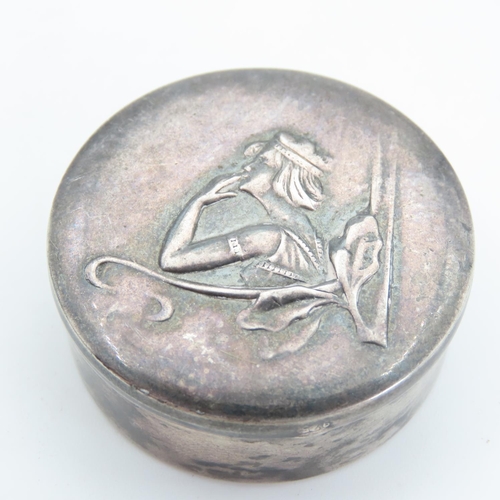 85 - Silver Circular Form Art Nouveau Pill Box Diana The Huntress Decoration to Top 4cm Diameter