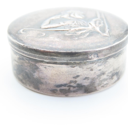 85 - Silver Circular Form Art Nouveau Pill Box Diana The Huntress Decoration to Top 4cm Diameter