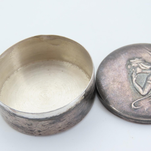 85 - Silver Circular Form Art Nouveau Pill Box Diana The Huntress Decoration to Top 4cm Diameter