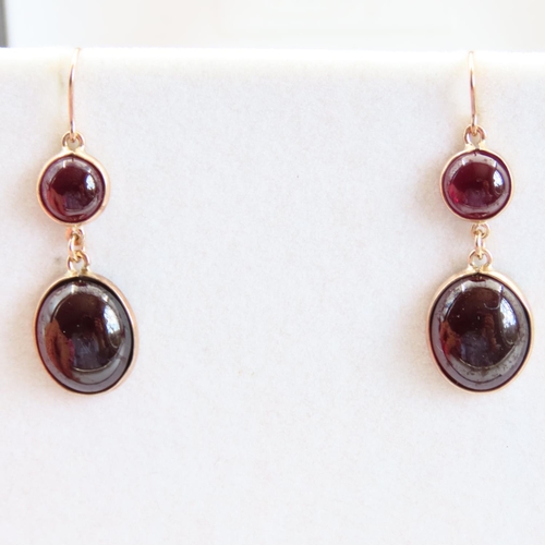 88 - Pair of Red Garnet Twin Set 9 Carat Yellow Gold Earrings Each 3cm Drop Articulated Form