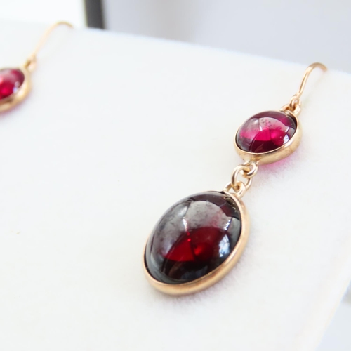 88 - Pair of Red Garnet Twin Set 9 Carat Yellow Gold Earrings Each 3cm Drop Articulated Form