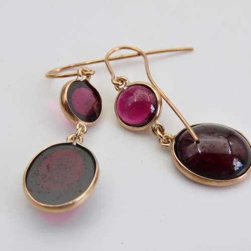 88 - Pair of Red Garnet Twin Set 9 Carat Yellow Gold Earrings Each 3cm Drop Articulated Form