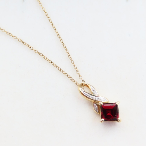 95 - Red Garnet Diamond Set Four Claw Pendant Mounted in 9 Carat Yellow Gold 2cm Drop Further Set on 9 Ca... 