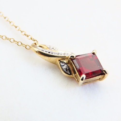 95 - Red Garnet Diamond Set Four Claw Pendant Mounted in 9 Carat Yellow Gold 2cm Drop Further Set on 9 Ca... 