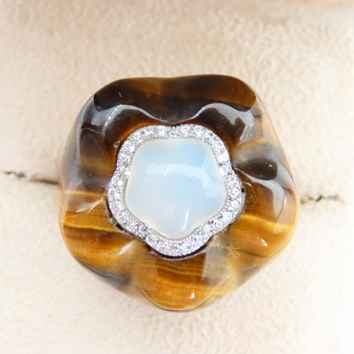 98 - Unusual Silver Mounted Tigers Eye and Moonstone Ladies Statement Ring Band Size O and a Half