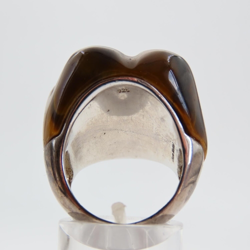 98 - Unusual Silver Mounted Tigers Eye and Moonstone Ladies Statement Ring Band Size O and a Half