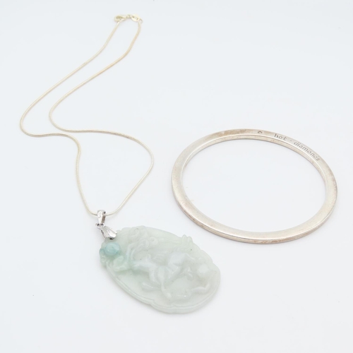 99 - Jade Silver Mounted Pendant Further Mounted on Silver Chain 40cm Long and Ladies Silver Bangle Hot D... 