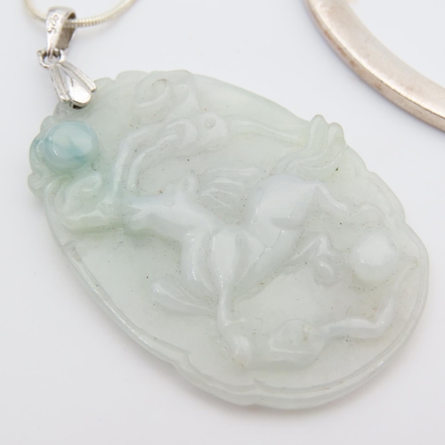 99 - Jade Silver Mounted Pendant Further Mounted on Silver Chain 40cm Long and Ladies Silver Bangle Hot D... 