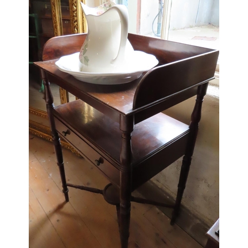 George III Washing Table with Inset Water Ewer Basin Turned Supports Single Drawer to Centre Section Three Quarter Gallery Above Approximately 18 Inches Wide x 38 Inches High