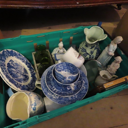 Box of Various Porcelain Including Blue and White Contained within Green Plastic Case
