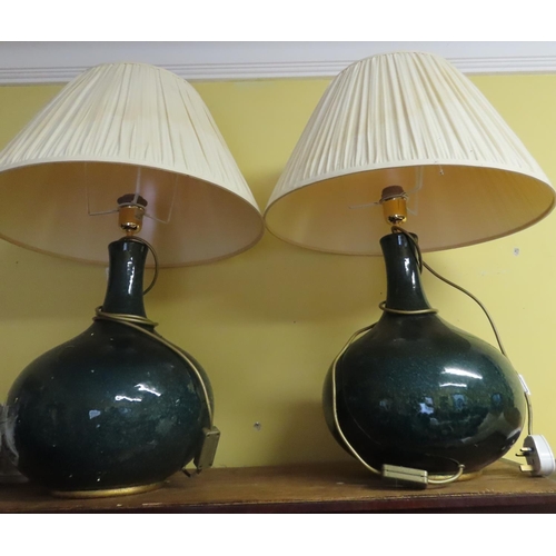 Pair of Vintage Speckled Green Porcelain Globe Form Table Lamps Pleated Shades Each Electrified Working Order 26 Inches High Approximately