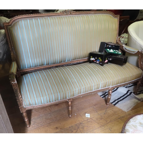 Antique Gilded Drawing Room Settee Stripped Upholstery Above Turned Supports Approximately 6ft Wide