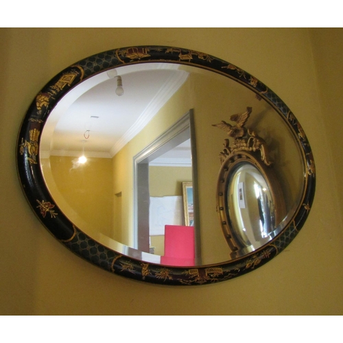 Antique Japanned Oval Form Wall Mirror Approximately 26 Inches Wide