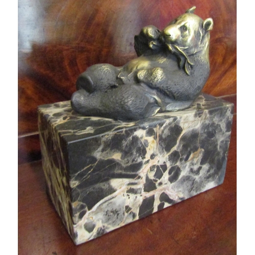 541 - Bronze Sculpture Reclining Panda Mounted on Rectangular Form Marble Base Approximately 26 Inches Wid... 