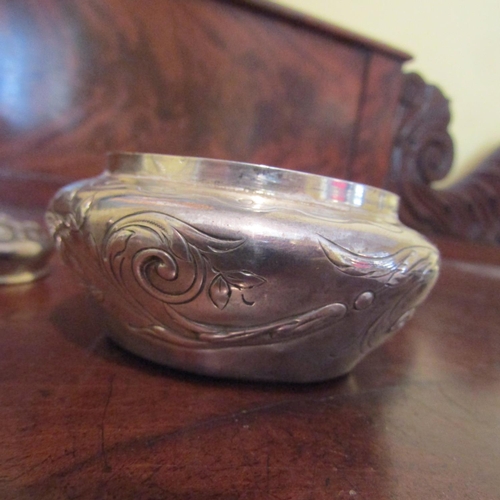 549 - Silver Desk Jar Shaped Form Embossed Detailing Attractive Motifs Approximately 3 Inches Diameter