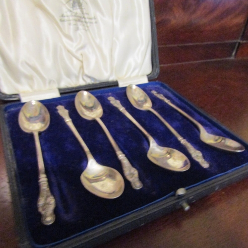 560 - Set of Six Silver Teaspoons Figural Decoration to Finger Rests Contained within Original Presentatio... 