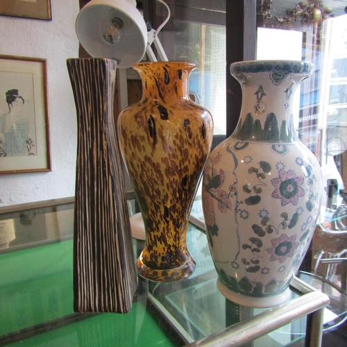 574 - Three Vases Including Vintage Mottled Glass Example Tallest Approximately 14 Inches High