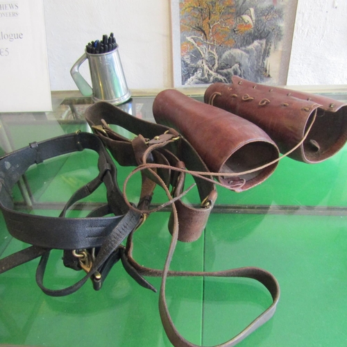 575 - Two Vintage Military Leather Belts and Hangers Together with Pair of Antique Military Leather Gaiter... 