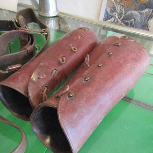 575 - Two Vintage Military Leather Belts and Hangers Together with Pair of Antique Military Leather Gaiter... 