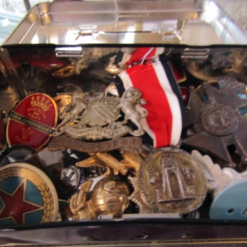 576 - Collection of Various Military Buttons Badges etc Contained within Tin Money Box