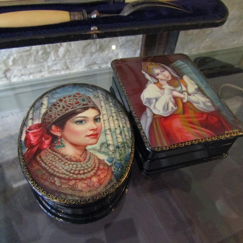 577 - Two Russian Hand Painted Lacquerwork Decorated Ring or Curio Boxes