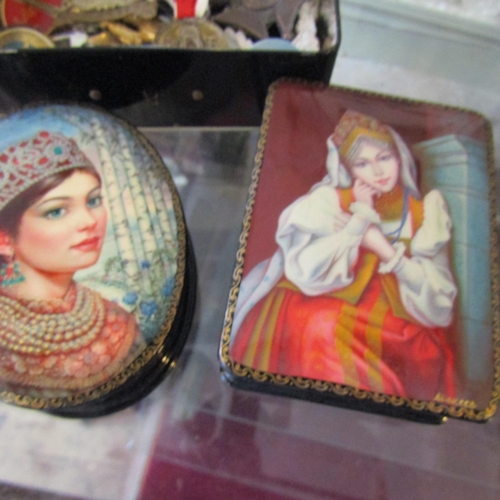 577 - Two Russian Hand Painted Lacquerwork Decorated Ring or Curio Boxes