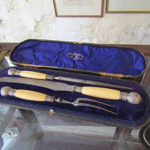 578 - Silver Mounted Carving Set Bone Handles Contained within Blue Clad Leather Case