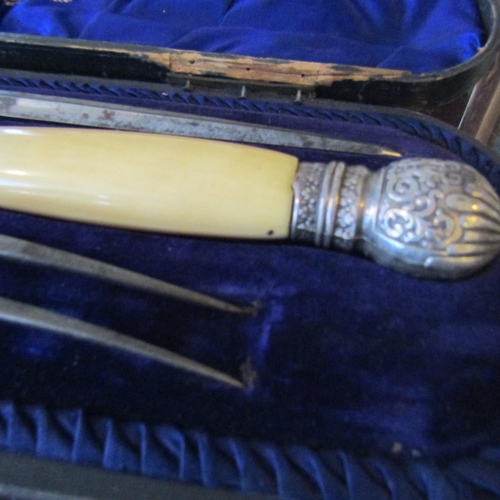 578 - Silver Mounted Carving Set Bone Handles Contained within Blue Clad Leather Case