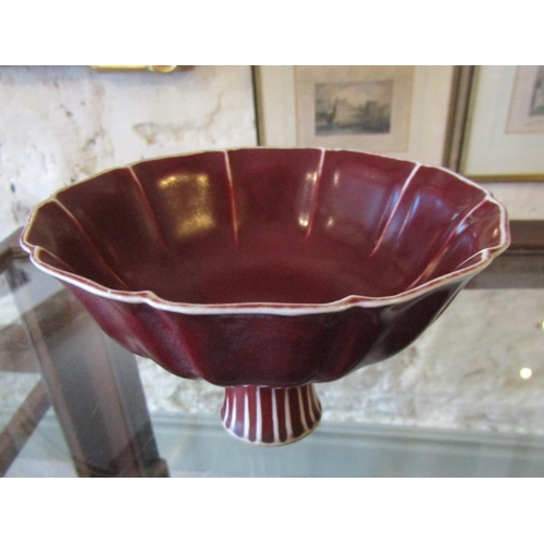 73 - Oriental Burgundy Ground Stem Cup Scallop Rim Signed with Characters to Base Approximately 6 Inches ... 