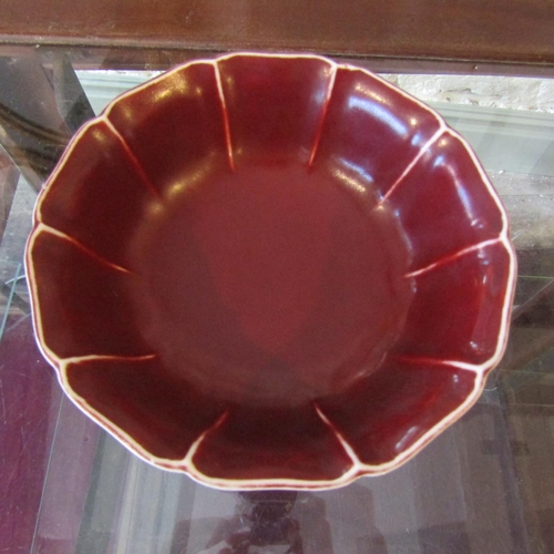 73 - Oriental Burgundy Ground Stem Cup Scallop Rim Signed with Characters to Base Approximately 6 Inches ... 