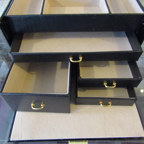 75 - Leather Bound Jewellery Box Various Drawers Velvet Lined with Inset Mirror Complete