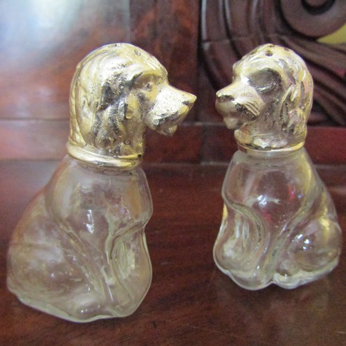 566 - Pair of Canine Motif Salt and Peppers Silver Plated and Crystal Each 3 Inches High Approximately